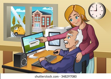 A vector illustration of volunteer girl teaching senior how to use a computer
