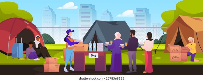 Vector illustration of volunteers helping in refugee camp on border. Tents near fence with cityscape in background. Characters distributing food to migrants. Temporary shelter. Cartoon style.