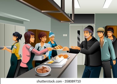 A Vector Illustration Of Volunteers Serving Food To Homeless People