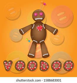 Vector illustration of a voodoo doll with buttons instead of eyes, a heart and needles in it.