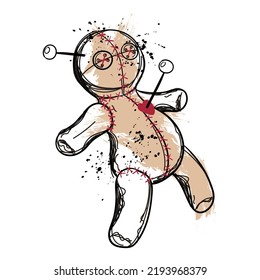 Vector illustration with voodoo doll with pierced heart and brain. Print for T-shirts.