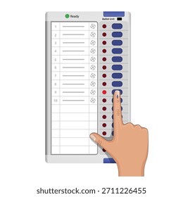 Ilustración vectorial de la mano de un votante presionando el Botón azul en un EVM indio (Máquina de Votación Electrónica). El dedo índice con marca de tinta indeleble. Elecciones, democracia y concepto de votación