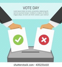 Vector illustration voting concept - hand putting voting paper in the ballot box. Hand casting a vote. Vote ballot in hand with box in flat style. Infographics concept vote pros and cons.