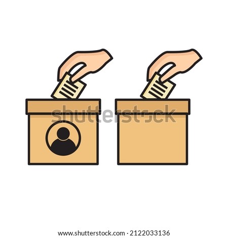 vector illustration of voting and suggestion criticism. Hand putting white paper into ballot box