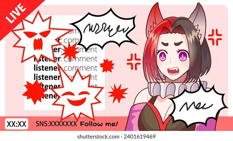 Vector illustration of a VTuber talking on live-streaming and fighting with rough comments.