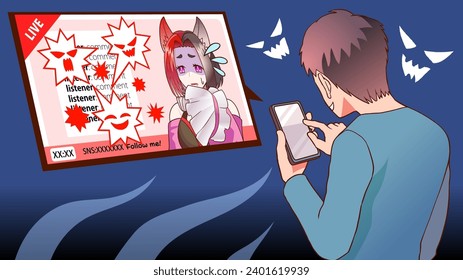 Ilustración vectorial de un VTuber hablando en un feed en vivo y oyentes troleando para comentarios.