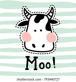 vector illustration, vute cow head on striped background