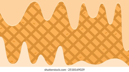 Ilustración vectorial un fondo de gofre cubierto por una capa ondulada de nata o jarabe en tonos marrones y beige cálidos.