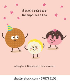 Vector illustration Waffle, Banana and Ice cream. Mascot Vector Design