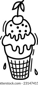 Ilustración vectorial de una taza de gofre con helado y una cereza, dibujada a mano. Cuta caricatura ilustrativa de helado para colorear libros.  Cuta representación vectorial de helado en blanco y negro.
