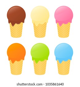 Vector illustration of waffle ice cream cones with different flavors isolated on white background.