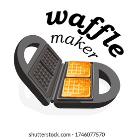  Vector illustration of a waffle iron for web design on a white background with the inscription. Rectangular waffle maker with square waffles.