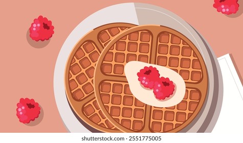 Vector illustration of waffle with raspberries. Banner for a restaurant or cafe. Sweets.