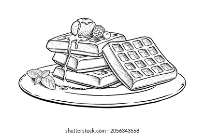 Vector Illustration Of Waffles With Ice Cream And Mint Leaf On Plate. Vintage Style Drawing Isolated On White Background.