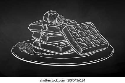 Vector illustration of Waffles with ice cream and mint leaf on plate. Chalk drawing isolated on chalkboard background.