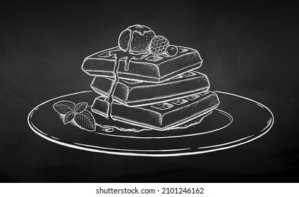 Ilustración vectorial de Waffles con helado y hoja de menta en la placa. Dibujo de almejas aislado en el fondo de la pizarra.