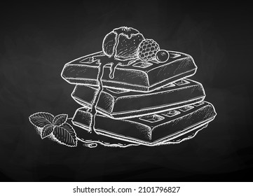 Vector illustration of Waffles with ice cream and mint leaf. Chalk drawing isolated on chalkboard background.