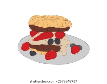 Ilustración vectorial de Waffles con helado y baya en plato. Continua una línea de waffle belga recién horneado. Vector hecho a mano, no Al.