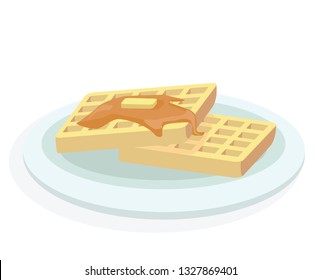 Vector illustration of waffles topped with maple syrup or caramel and butter isolated on white plate on white background