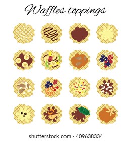 vector illustration / waffles types / flat lay concept / waffles toppings menu 
