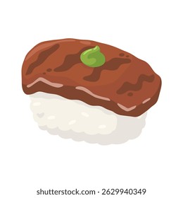 Vector illustration of wagyu beef nigiri sushi with wasabi, ideal for food-related designs and culinary projects.