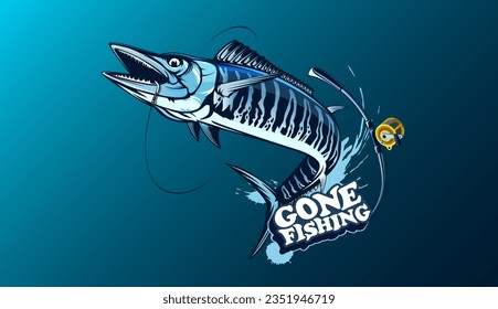 Ilustración vectorial de un pez wahoo. Acanthocibium solandri. Un pez scombrid. Logo de la pesca.