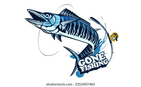 Ilustración vectorial de un pez wahoo. Acanthocibium solandri. Un pez scombrid. Logo de la pesca.