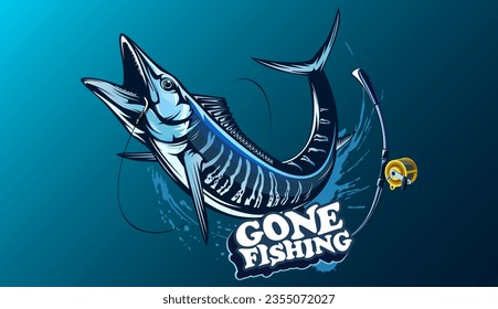Ilustración vectorial de un pez wahoo. Acanthocibium solandri. Un pez scombrid. Logo de la pesca.