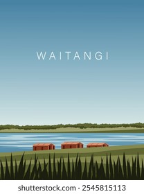 Vector illustration. Waitangi. Travel poster, banner, postcard, cover. Modern design. Tourism.