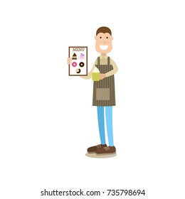 Vector illustration of waiter or barista holding menu and mug with coffee drink and whipped cream. Coffee house people flat style design element, icon isolated on white background.