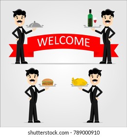 Vector illustration of a waiter in a black suit with a tray. Wine, hamburger, fried chicken