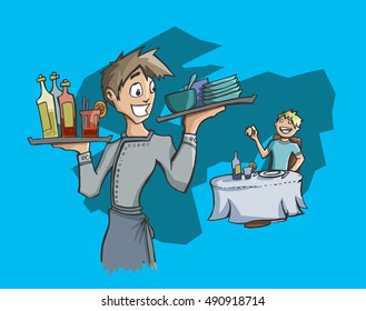 Vector illustration of a waiter carrying drinks and dishes while a man asks for the bill with a blue background.