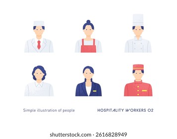 Vector illustration of a waiter, a cook, a concierge. Vector illustrations of people working in various scenes.
