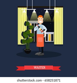 Vector illustration of waiter holding bottle of wine. Restaurant staff flat style design.