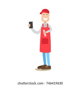 Vector illustration of waiter holding order pad in one hand and drinking straws in the other. Food people flat style design element, icon isolated on white background.