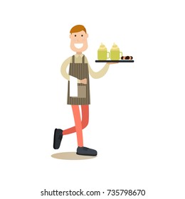 Vector illustration of waiter holding tray with cappuccino and cookies. Coffee house people flat style design element, icon isolated on white background.