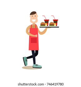 Vector illustration of waiter holding tray with burgers and cola. Food people flat style design element, icon isolated on white background.