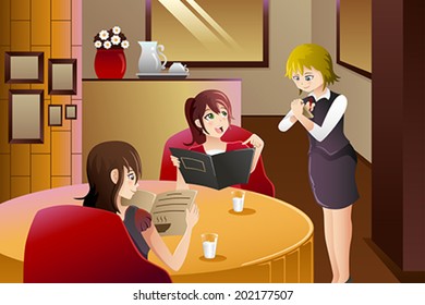 A vector illustration of waiter in restaurant serving customers