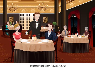 A vector illustration of a waiter in a restaurant serving customers