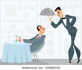 Vector illustration of a waiter and a satisfied customer