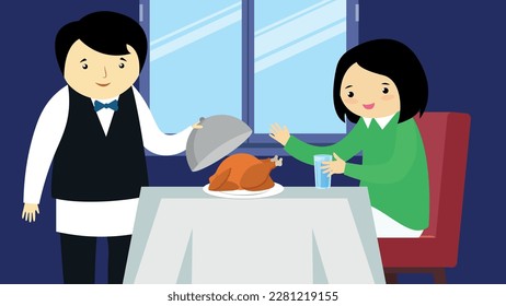 Imagen vectorial de un camarero sirviendo un pavo a un cliente en un restaurante