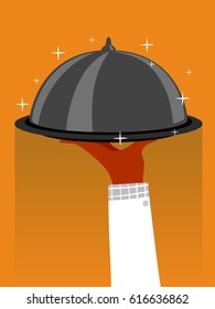 Vector Illustration of Waiters Hand Holding a Cloche Sparkling in Orange Background