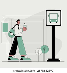 vector illustration waiting bus concept. A man is walking towards a bus stop. He is holding a cup of coffee