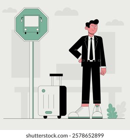 vector illustration waiting bus concept. A man in a suit is standing next to a suitcase and a bus stop sign.