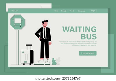 vector illustration waiting bus concept. A man in a suit is standing next to a suitcase and a bus stop sign.