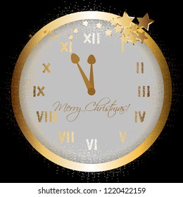 Vector illustration of Waiting for the New Year. Hours and snow. Gold stars on a black background. Gold sparkles and snow. Clock.
