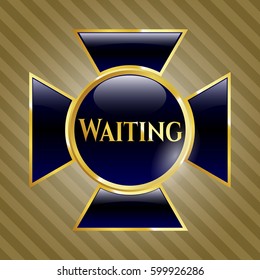 Vector illustration of Waiting shiny emblem icon in blue.
