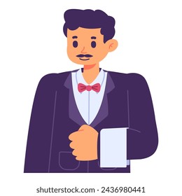 Vector Illustration of Waitress Avatar in a tuxedo with a notepad, perfect for business presentations, event planning, formal occasions, and organizational concepts.