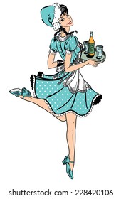 Vector illustration of waitress in blue dotted dress in retro style running with beer order