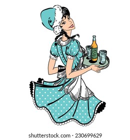 Vector illustration of waitress in blue dotted dress in retro style with beer order and blue Christmas hat